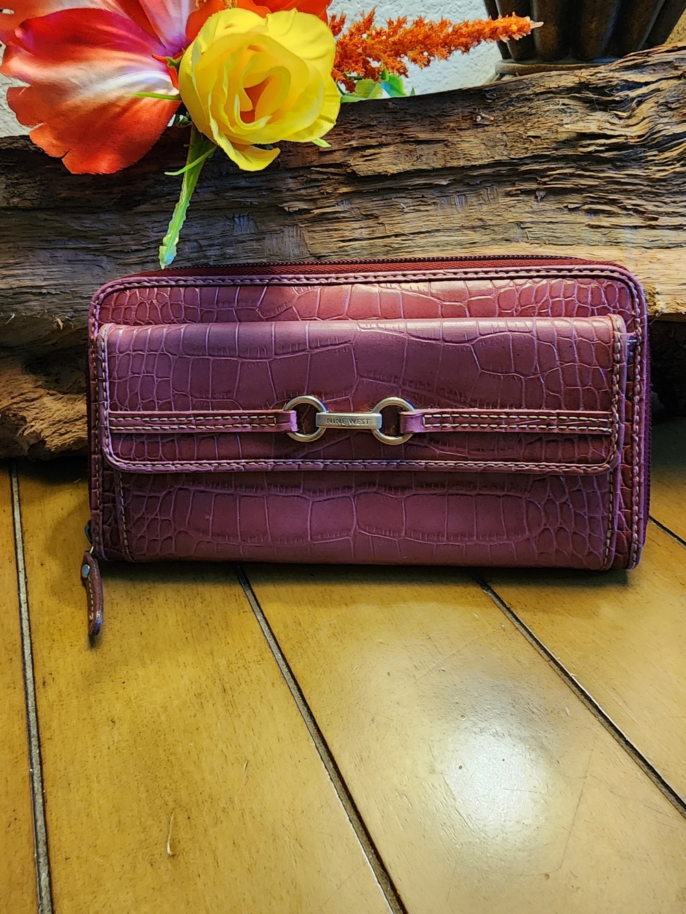 Nine West Zip-Around Wallet Plum Burgundy Croc-Embossed Horsebit Accent
